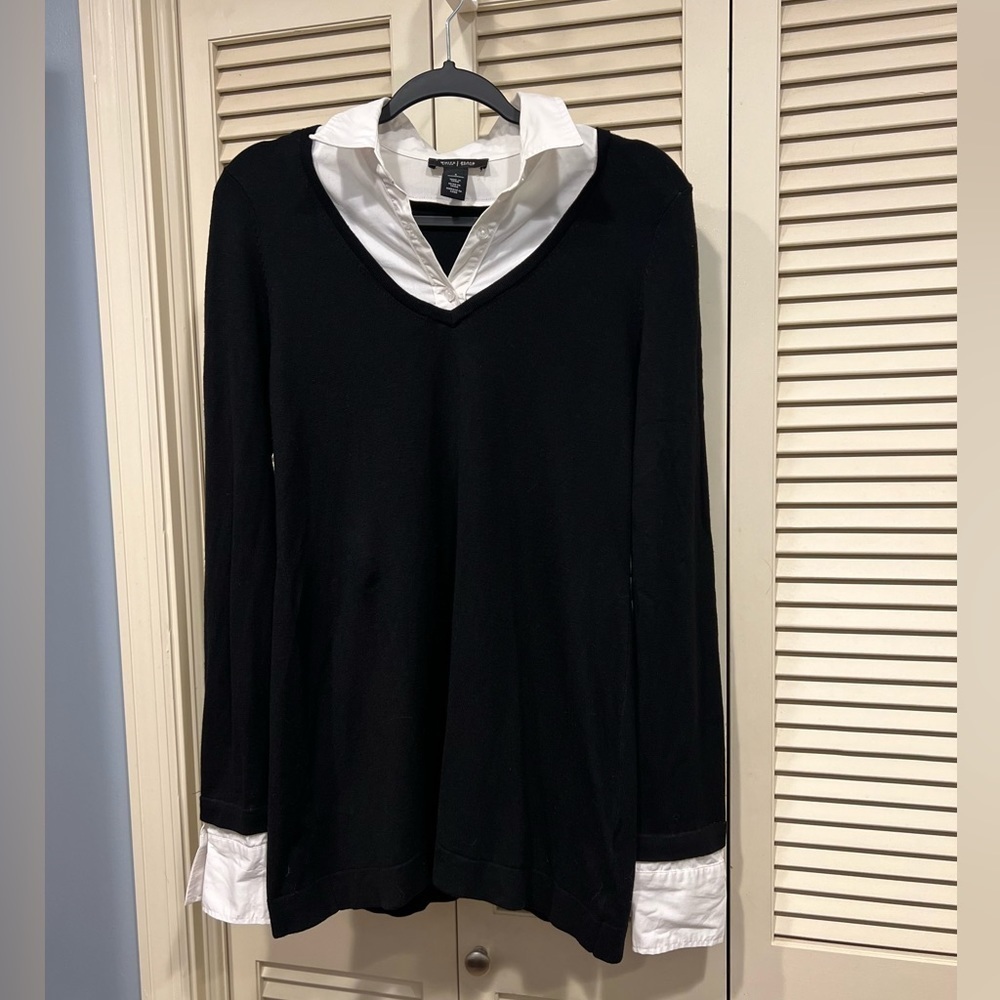 White House Black Market Black & White Button Up w/ Attached Sweater Shell - S